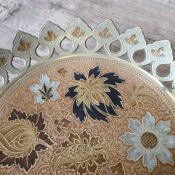 Vtg Enamel & Brass Pedestal Bowl Tray Floral Design Solid Cut 10" Made in India - Picture 10 of 14